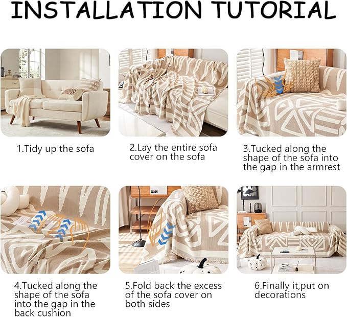 HANDONTIME Sofa Covers for Sectional Sofa Boho Couch Cover for Dogs Khaki Throw Couch Cover with Tassel Loveseat Covers Futon Cover L Shaped Cover Washable Chenille Couch Protector, 71" X150"