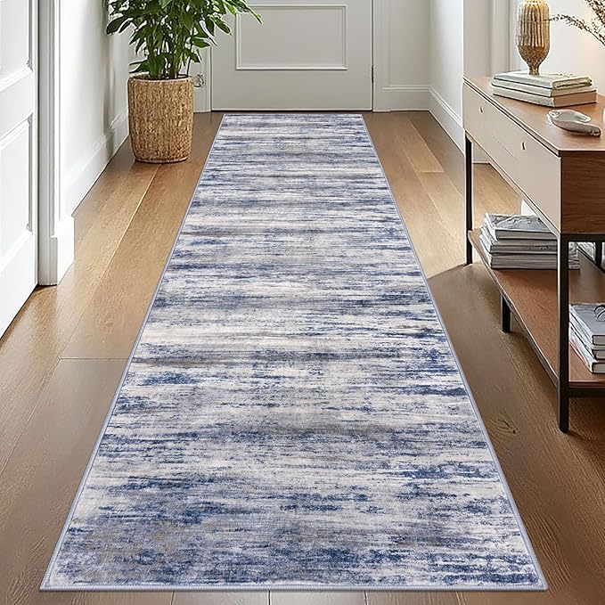 KOZYFLY Modern Abstract Washable Rug Runner 2.6x10 Hallway Rug Runner Non-Slip Soft Kitchen Runner Rugs, Grey-Blue Striped Carpet for Entryway Bathroom Laundry Room Foyer