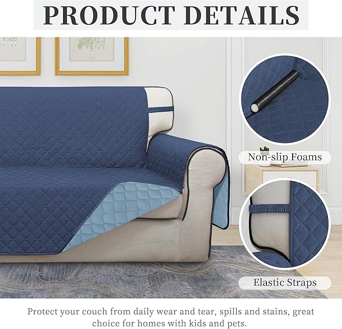ISSUNTEX Double Protection 100% Waterproof Sofa Covers for Living Room, Couch Covers for 3 Cushion Couch Sofa, Reversible Furniture Protector Sofa Cover for Dogs, Pets (Sofa, Dark Blue/Light Blue)