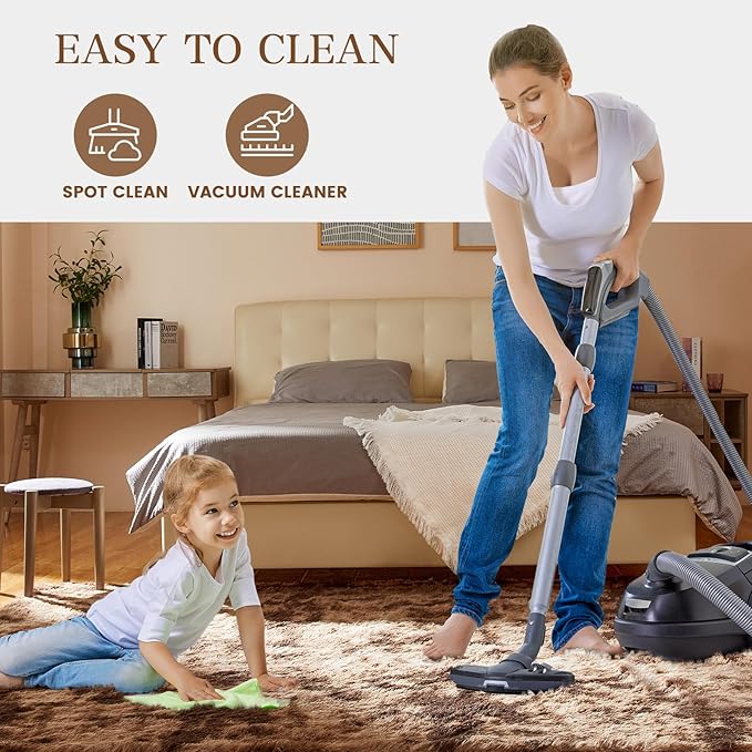 KNZE 8' x 10' Brown Modern Shag Area Rug, Luxuriously Plush, High Pile, Fluffy, Washable, Non Slip, Fade Resistant, Rectangular, Indoor, Bedroom, Living Room, Playroom, Dorm Room