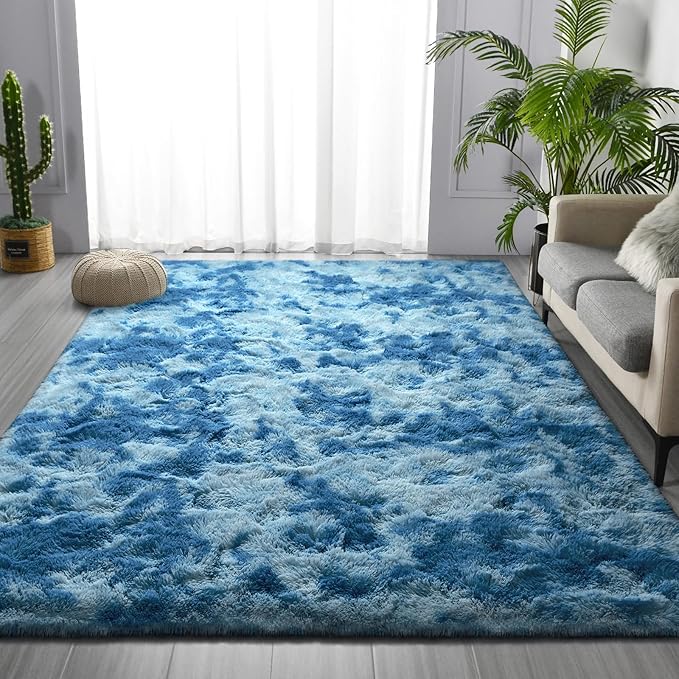 Deerhoo Large Shag Area Rugs 8 x 10, Tie-Dyed Plush Fuzzy Rugs for Living Room, Ultra Soft Fluffy Furry Rug for Bedroom, Indoor Carpet Nursery Rugs for Kids Room Home Decor,Bright Blue