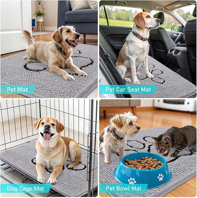 OLANLY Dog Door Mat for Muddy Paws 30x20, Paw Print Design, Absorbs Moisture and Dirt, Non-Slip Washable Doormat, Quick Dry Chenille Mud Mat for Dogs, Entry Indoor Entryway Carpet, Light Grey