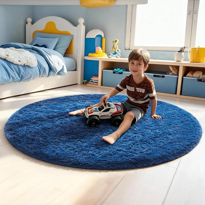 Ophanie Blue Round Rug 5Ft Circle Area Rug, Boys Room Decor, Fluffy Fuzzy Bedroom Carpet, Plush Soft Shaggy Living Room Rugs for Kids Home Decor Aesthetic, Nursery
