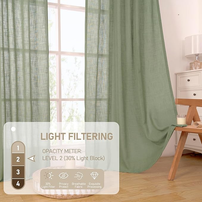 LAMIT Sage Green Linen Curtains 63 Inch for Bedroom, Light Filtering Neutral Semi Sheer Window Curtains Back Tab and Rod Pocket Christmas Panels, 2 Panels, 52 x 63 Inch