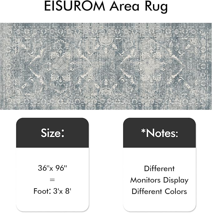 Washable 3x8 Runner Rug - Non-Slip Vintage Runner Rug for Entryway Low-Pile Medallion Long Rugs for Hallway Waterproof Traditional Runner Rug Indoor Thin Rug for Kitchen (Muted Blue)