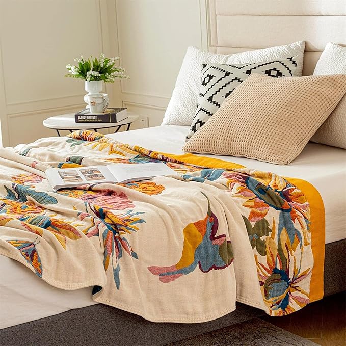 MSGKV Boho Throw Blanket 60''x80'',100% Cotton Blanket for Couch Bed, Spring Breathable Quilt Farmhouse Home Decor Soft Lightweight Picnic Blankets