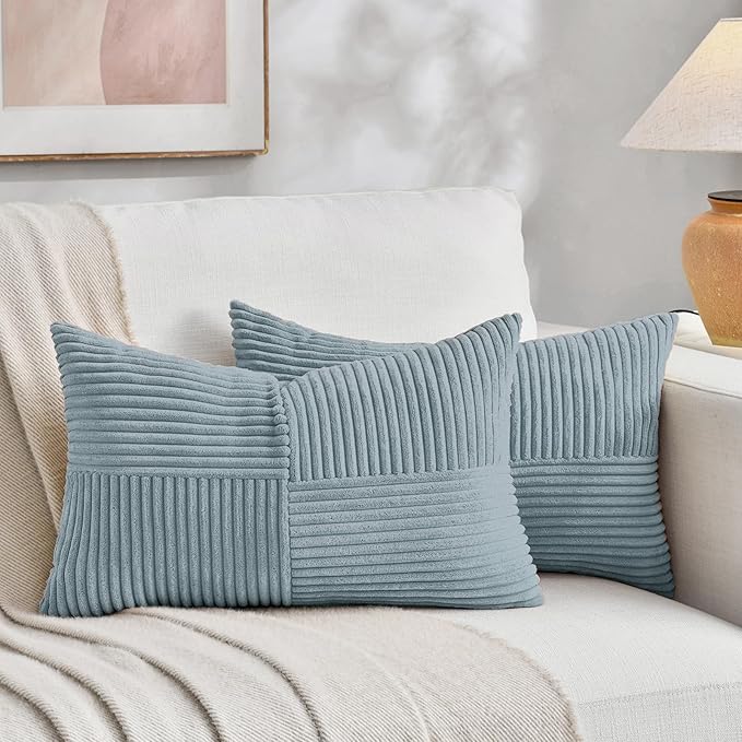 Fancy Homi Set of 2 Light Blue Long Lumbar Decorative Throw Pillow Covers 16x24 Inch for Couch Bed Sofa, Rustic Farmhouse Boho Home Decor, Soft Striped Corduroy Rectangle Accent Cushion Case 40x60 cm