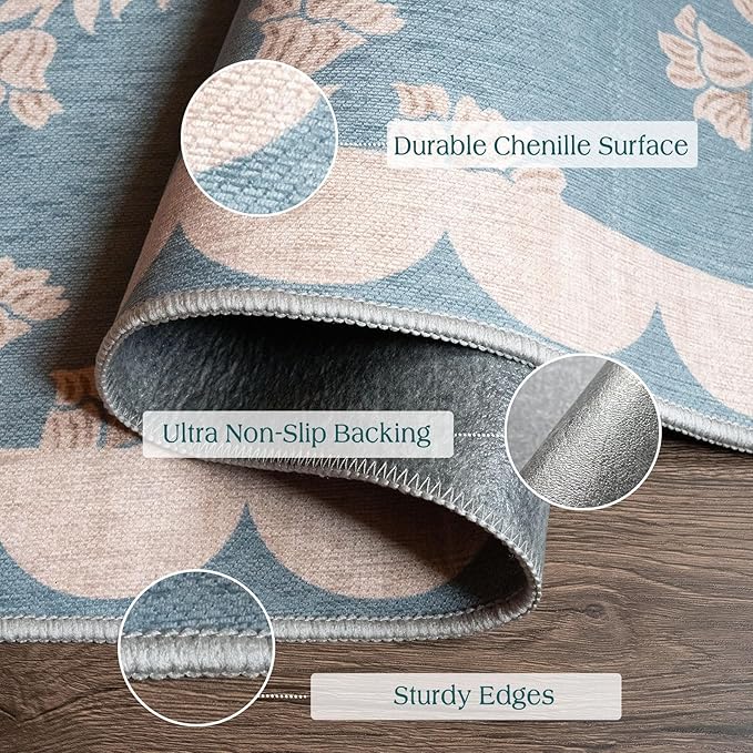 Front Door Mat Indoor Entrance - 2x4.3 Ft Floral Washable Layered Doormat Outdoor Entrance Porch Rug Non-Slip Blue Retro Farmhouse Runner Rug for Kitchen Bedroom Laundry Room Porch Decor