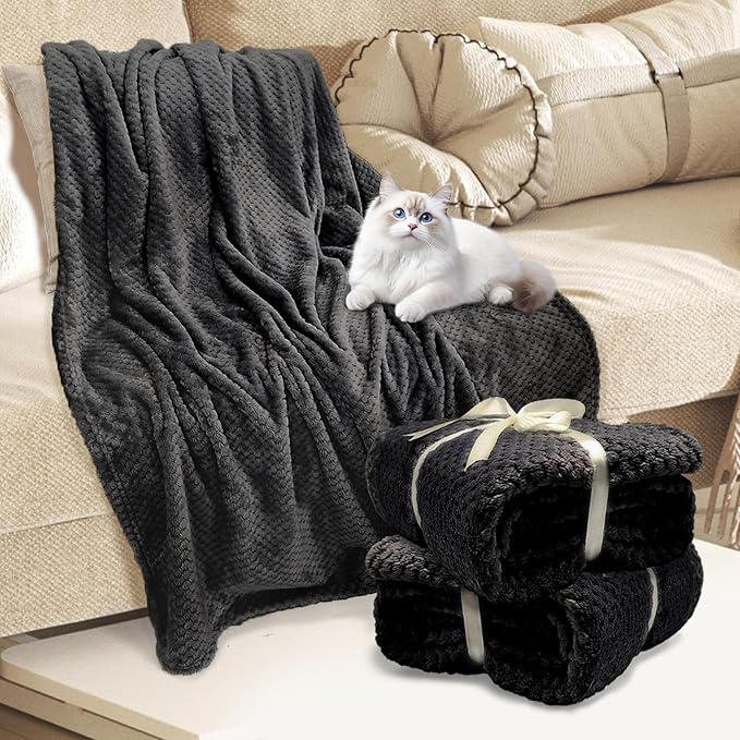 4 Pack Fleece Throw Blankets 50x60 Inches - Oeko-Tex Certified 100, 270 GSM Ultra Soft Plush for Bed, Couch and Cozy Gifts. 3D Waffle Texture, No Shedding No Pilling All Season (Black)