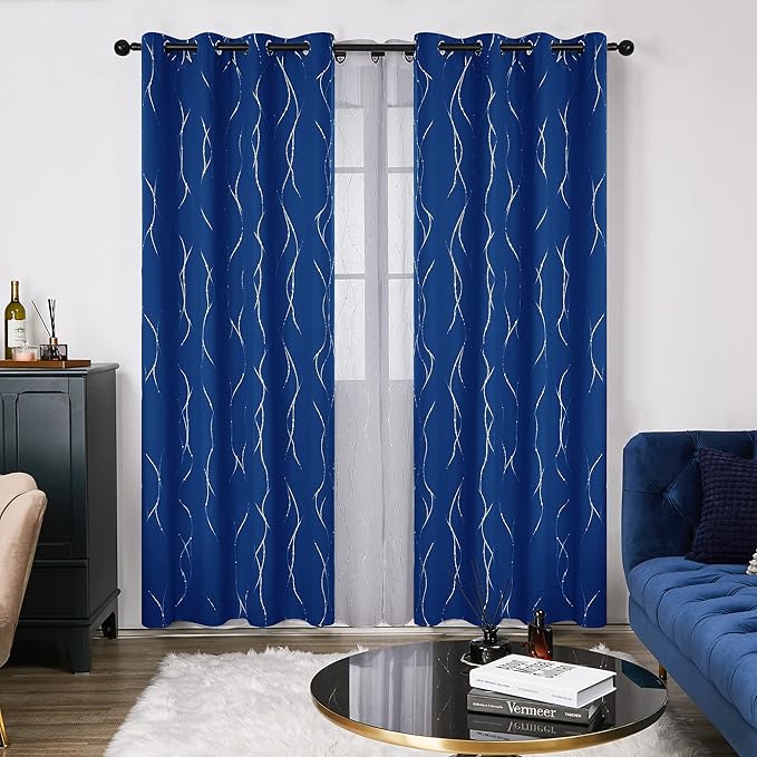 Deconovo Blackout Curtains, 52 x 95 Inch Drapes for Sliding Door with Wave Dot Silver Print, Soundproof Thermal Insulated Window Curtain for Bedroom Living Room, Set of 2, Machine Washable, Royal Blue