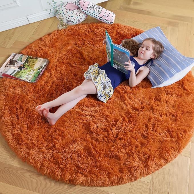 Amdrebio Burnt Orange Round Rugs 6Ft for Living Room Decor, Shaggy Plush Fuzzy Furry Circle Area Rugs for Bedroom Kids Room Aesthetic, Large Fluffy Shag Dark Orange Carpet for Nursery Dorm Classroom