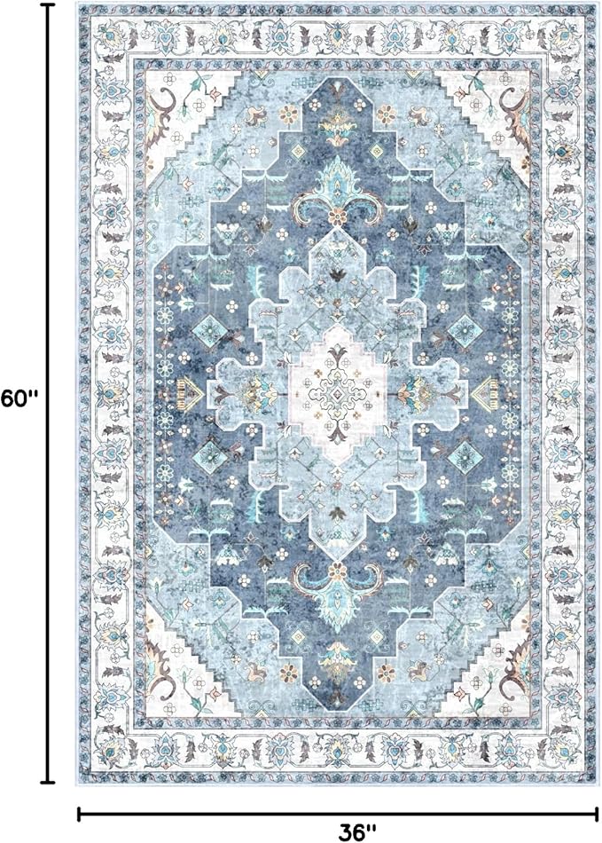 SERISSA Area Rug 3x5 Boho Blue Rugs for Bedroom, Washable Kitchen Rugs Non-Slip, Ultra Soft Print Distressed Vintage Entry Rug Low-Pile Throw Rug Carpet for Bedroom Nursery Living Room Dorm Decor