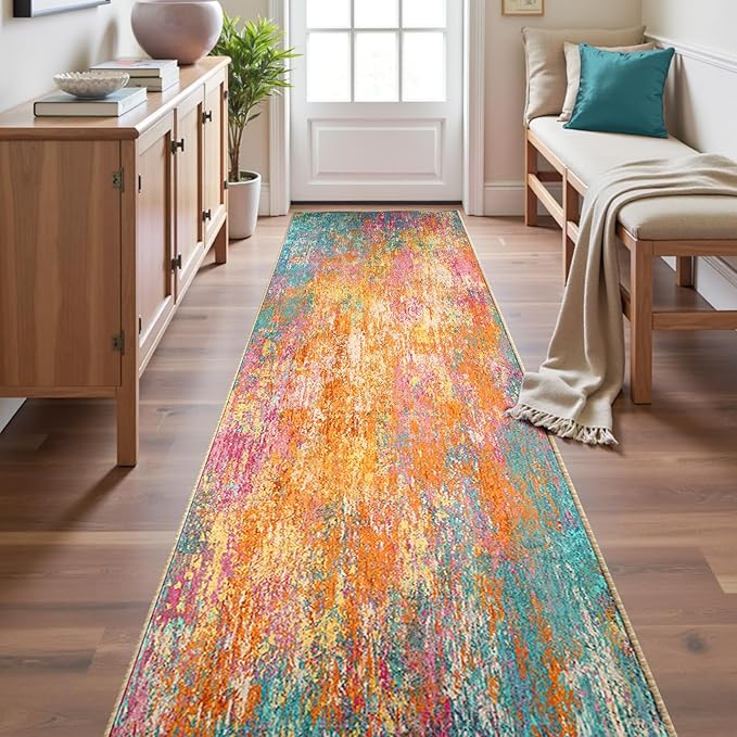 Washable Area Rugs 2'x10' Non-Slip Modern Abstract Soft for Living Room Entryway Bedroom Nursery, Print Pattern, Orange Blue Pink Yellow Colorful