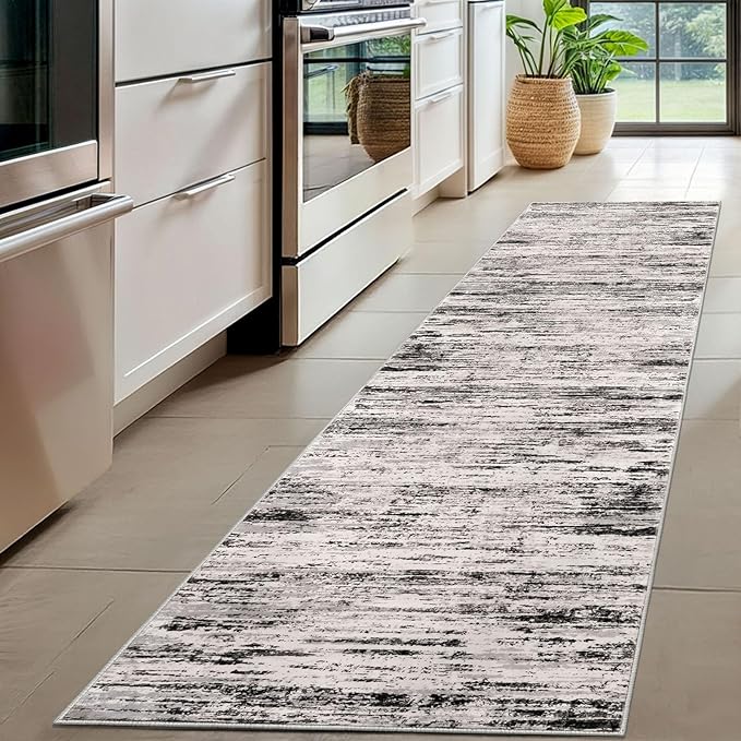 Lansny Modern Abstract Hallway Runner Rug, White Black Grey Taupe Washable Kitchen Runner Non-Slip Soft 2x8 Runner Rug Thin Print Faux Wool Carpet for Entryway Bedroom Laundry Room Indoor Home Decor