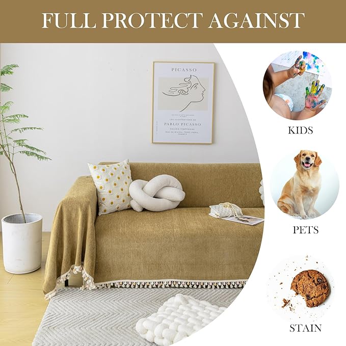 HANDONTIME Couch Covers for Pets Boho Mustard Yellow Love Seat Couch Covers Brown Sofa Cover for Dogs Pet Couch Protector Chenille Tassel Sofa Slipcovers Sofa Throw Cover Boho Decor for Living Room
