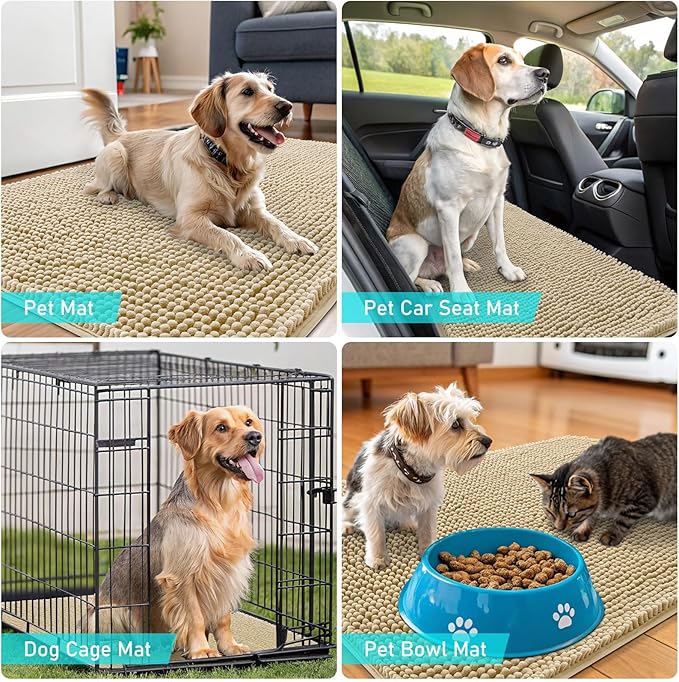 OLANLY Dog Door Mat for Muddy Paws 48x30, Absorbs Moisture and Dirt, Absorbent Non-Slip Washable Doormat, Quick Dry Chenille Mud Mat for Dogs, Entry Indoor Entryway Carpet for Inside Floor, Beige