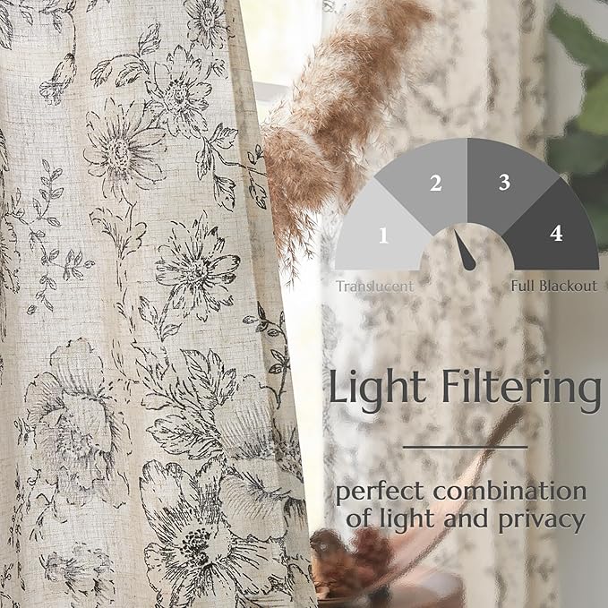 jinchan Floral Linen Lined Curtains for Living Room 84 Inches Long Farmhouse Printed Back Tab Drapes French Country Black Peony Patterned Bedroom Window Curtains Set 2 Panels