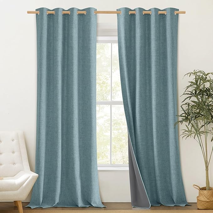 NICETOWN 100% Absolutely Blackout Linen Curtains with Thermal Insulated Liner, Skylark Blue, 52" Wide, 102" Length Energy Saving Curtains for Living Room 2 Panels Set, Vertical Blinds