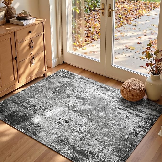 Entrance Rugs Indoor 3x5 Black Entry Rug Washable Abstract Black Small Area Rug Non-Slip Low Pile Throw Rugs for Entryway, Kitchen Floor, Front Door Indoor Door Mat, Bathroom, Bedroom Bedside
