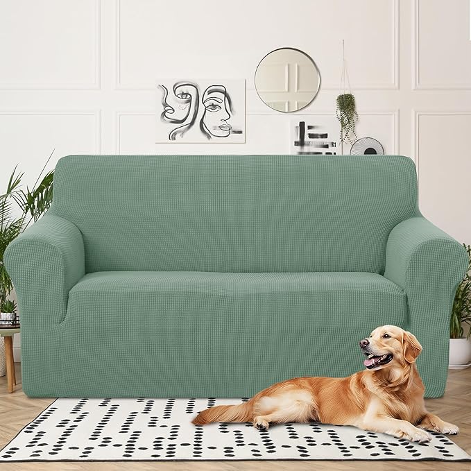 U-NICE HOME Oversized Stretch Loveseat Couch Cover Sofa Covers Washable Sofa Slipcover Furniture Protector for 2 Cushion Couch Sofa Pet Friendly, Cyan