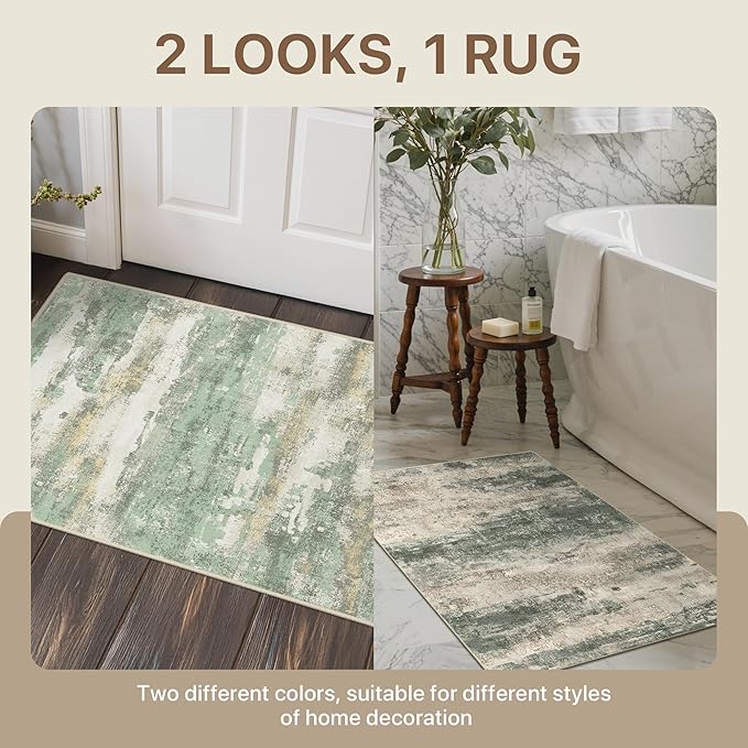 BEIMO Reversible 2x3 Rugs for Entryway Kitchen Bathroom, Modern Abstract Dual-Sided Area Rug, Machine Washable Soft Low Pile Indoor Mats, Includes Non-Slip Rug Pad, Green & Grey
