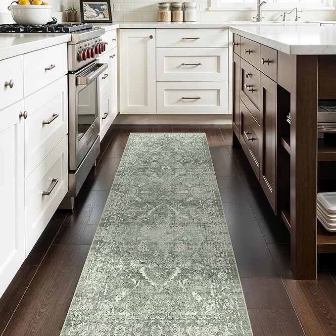 2'6"x8' Washable Hallway Runner Rug - Non Slip Kitchen Runner Rugs with Rubber Backing Vintage Low-Pile Carpet Runners for Entryway Dining Room Laundry Room Home Decor (Muted Sage Green)