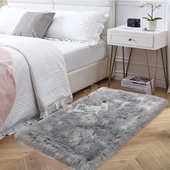 Faux Fur Rug, Grey Small Fluffy Rug for Sofa Chair Couch Cover 2x4 Feet, Gray Soft Fuzzy Shag Rug for Bedroom, Indoor Shaggy Plush Floor Carpets Luxury Home Decor for Bedside