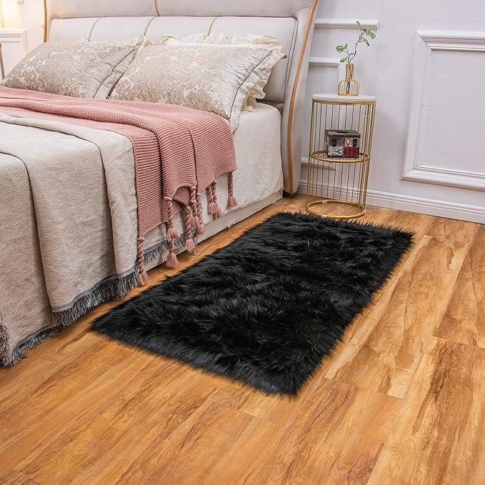 EasyJoy Ultra Soft Fluffy Shaggy Area Rug Faux Fur Rug Chair Cover Seat Pad Fuzzy Area Rug for Bedroom Floor Sofa Living Room (2 x 4 ft Rectangle, Black)