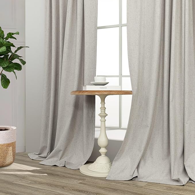 Blackout Linen Curtains 96 Inches Long for Living Room 2 Panel Set Black Out Light Blocking Back Tab Neutral Boho Farmhouse 96 Inch Curtain Drapes for Bedroom Window Earth Tone Stone Birch Taupe Tan