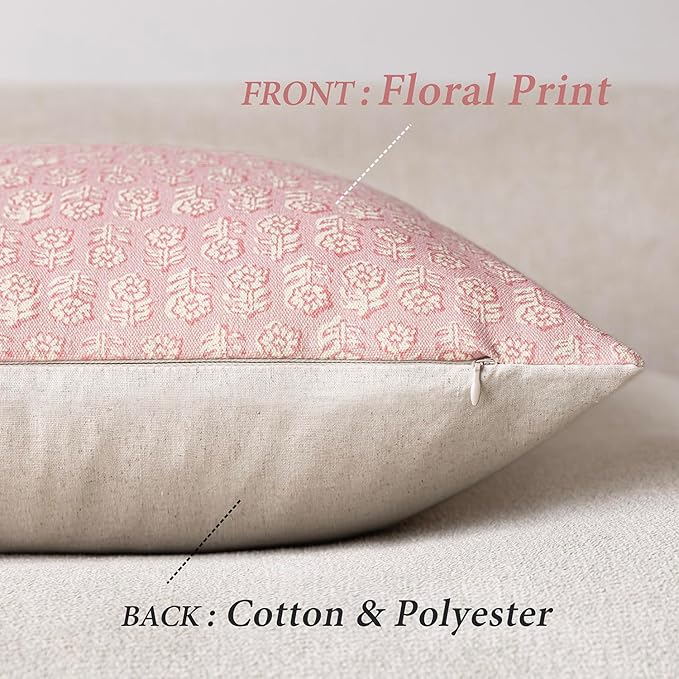Foindtower Set of 2 Decorative Neutral Floral Print Throw Pillow Covers Vintage Accent Farmhouse Cushion Covers Boho Home Decor for Sofa Chair Couch Bedroom Living Room Outdoor,18×18 Inch,Light Pink