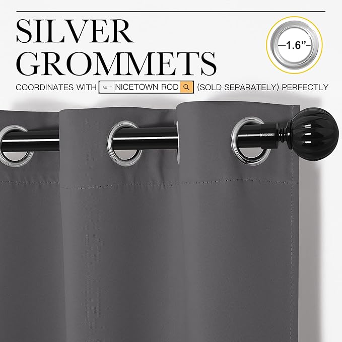 NICETOWN Bedroom Blackout Curtains Panels, 1 Pair, 55 inches by 108 Inch, Grey, Triple Weave Energy Saving Thermal Insulated Solid Grommet Blackout Draperies for Patio