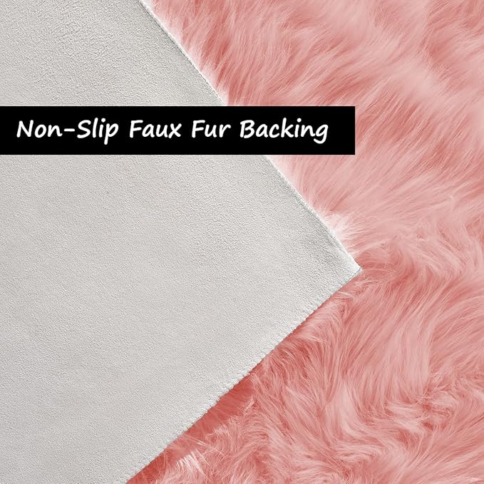 Goolela Pink Faux Sheepskin Fur Rug 4x6 Fluffy Fuzzy Furry Area Rug for Girls Bedroom Dorm Light Pink Shag Carpet for Playroom Washable Sheepskin
