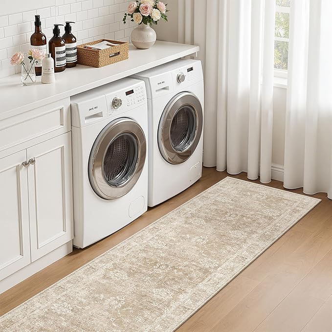 Madane Runner Rug 2x8 for Hallway, Kitchen Non-Slip Runner Rug with Rubber Backing, Vintage Soft Low Pile Throw Neutral Carpet Runner for Laundry Room Entryway Bathroom Bedroom (2 x 8, Beige/Brown)