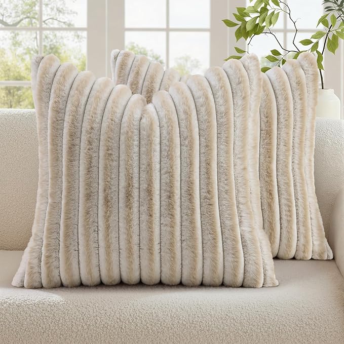 decorUhome Summer Cozy Faux Fur Throw Pillow Covers 26x26 Set of 2 Decorative Plush Striped Modern Farmhouse Boho Couch Euro Sham Pillow Cases with Velvet Back for Sofa Bed Living Room, Beige White