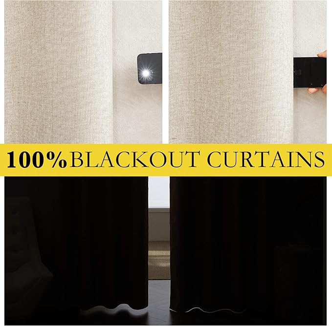 NICETOWN 100% Absolutely Blackout Linen Curtains with Thermal Insulated White Liner, Beige, W62, 2 Pieces, Noise Reducing Textured Linen Look Curtains for Windows 120 inch Length for Classroom