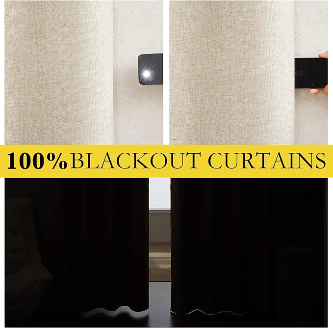 NICETOWN 100% Absolutely Blackout Linen Curtains with Thermal Insulated White Liner, Beige, W62, 2 Pieces, Noise Reducing Textured Linen Look Curtains for Windows 90 inch Length for Classroom