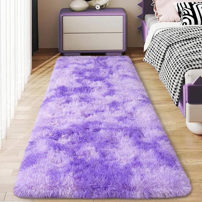 Soft Runner Rugs for Bedroom Hallways, 2x6 Tie-Dyed Purple Fluffy Shag Throw Area Rug Non Slip for Bedside Dorm, Long Shaggy Furry Carpet for Nursery Living Room