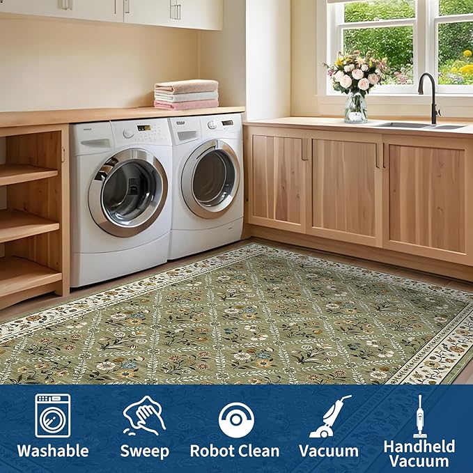 GarveeHome 8x10 Washable Large Living Room Rug Water Resistant Distressed Vintage Floral Rug Non Slip Low Pile Soft for Bedroom Farmhouse Dining Room Kids Playroom Nursery Green