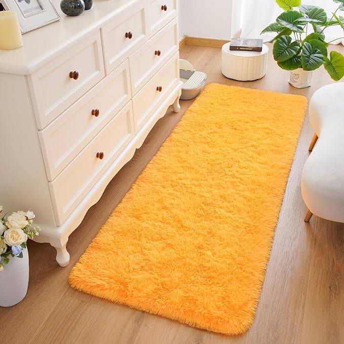 Amearea Shag Fluffy Runner Rug for Bedroom Girls Living Room, 2x6 Feet Extra Soft and Fuzzy Shaggy Rugs, Non Slip, Indoor Floor Long Carpet Mat for Boys Nursery Home Decor, Orange