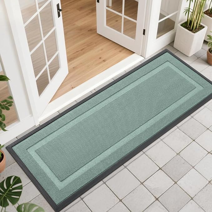 OLANLY Front Door Mat Indoor Outdoor Entrance, Waterproof All-Season, All-Weather Doormat, Sturdy Natural Rubber, Low Profile, Easy Clean Patio Porch Entryway Mat, 47x17, Grayish Green