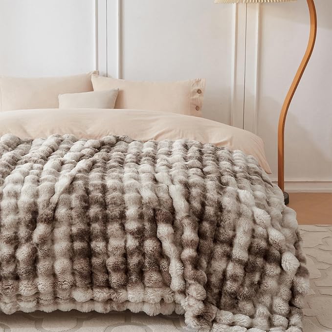 COOVA Faux Fur Throw Blanket for Couch, Cozy Soft and Fuzzy Plush Rabbit Fur Bubble Blanket for Sofa Bedroom Living Room, 60x80 Inches Tie Dye Brown