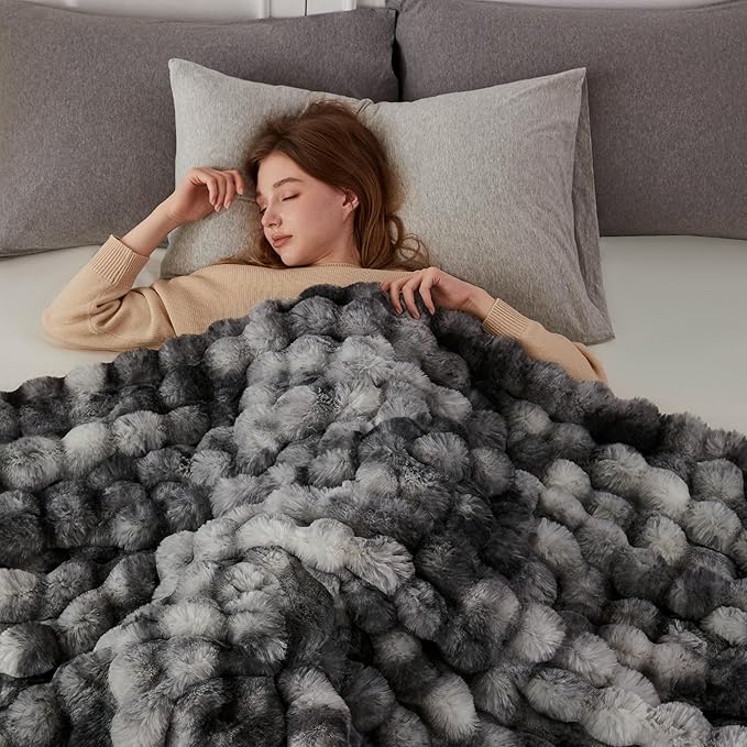 COOVA Faux Fur Throw Blanket for Couch, Cozy Soft and Fuzzy Plush Rabbit Fur Bubble Blanket for Sofa Bedroom Living Room, 60x80 Inches Tie Dye Light Grey