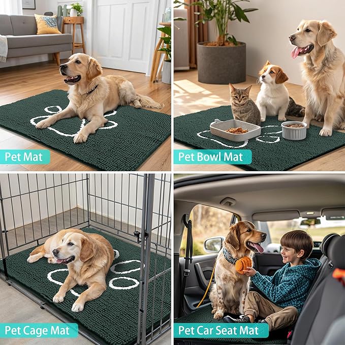 Smiry Dog Door Mat for Muddy Paws, Absorbent Dirt Trapper Non Slip Quick Dry Washable Chenille Mat for Mud Dogs, Entry Rug for Indoor and Outdoor (24x16 Inches, Green and White)