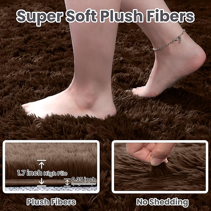 2x6 Bedside Area Rugs for Bedroom: Soft Fluffy Shag Brown Rug for Hallway, Non-Slip Fuzzy Plush Living Room Rug Indoor Floor Carpet for Kids Rooms, Dorm, Nursery, Modern Home Aesthetic Decor