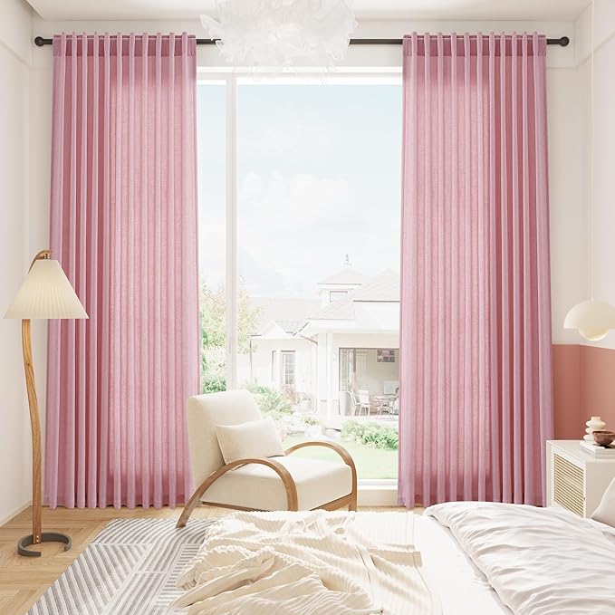 Rose Linen 96 Inch Long Curtains Panels 2 Panel Set with Back Tab Rod Pocket Semi Sheer Light Filtering Boho Aesthetic Style Room Decor Burlap Look Curtain for Bedroom and Living Room 52x96 Inch
