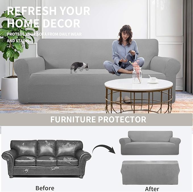 Easy-Going Stretch Oversized Chair Sofa Slipcover 1-Piece Couch Sofa Cover Furniture Protector Soft with Elastic Bottom for Kids Spandex Jacquard Fabric Small Checks Light Gray