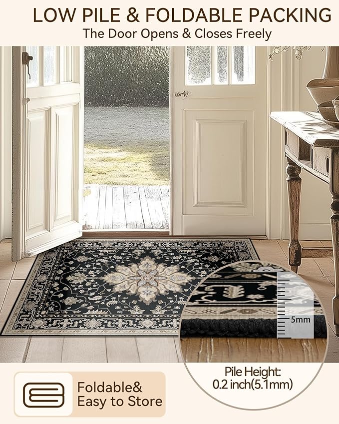 RELEANY Area Rugs 8'x10' Washable Non-Slip, Floral Vintage Distress Print Pattern Medallion Carpet for Living Room Bedroom Dining Room, Black Brown Neutral Dark Tan