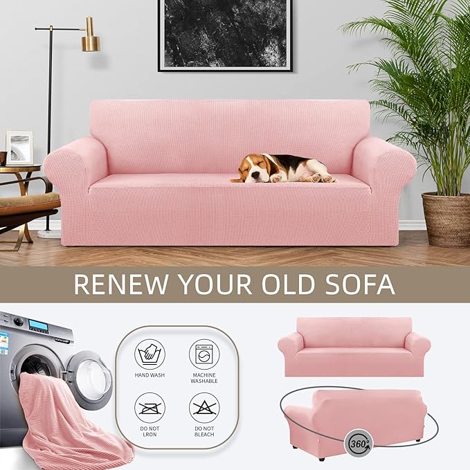 KEKUOU Stretch Sofa Cover Slipcover ，Couch Covers for 3 Cushion Couch Sofa pet Friendly (78"-94") Furniture Protector Sofa with Elastic Bottom for Kids,Dog, Jacquard Small Checked(Large,Dusty Pink)