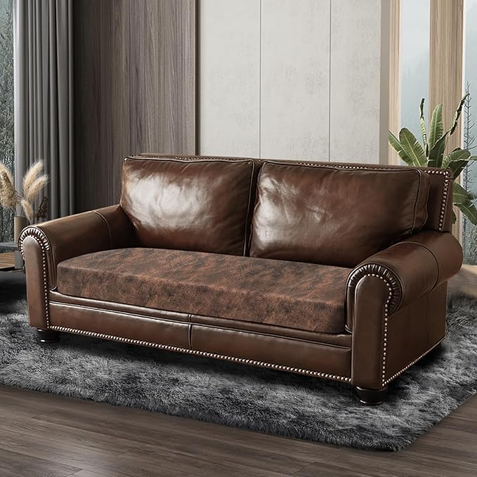 Leather Look Couch Cushion Covers Sofa Seat Slipcovers Sets Couches Furniture Protector for Sectional Armchair Loveseat Pets Kids Stretch Spandex Fabric (1 Cushion Loveseat, Dark Brown)