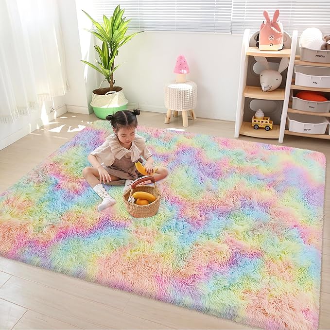 Fluffy Rainbow Colorful Area Rug for Girls Bedroom 4x6 Kawaii Tie Dye Rug Fuzzy Indoor Floor Unicorn Rug for Living Room Kids Nursery Baby Princess Room Dorm Home Decor Aesthetic Carpets